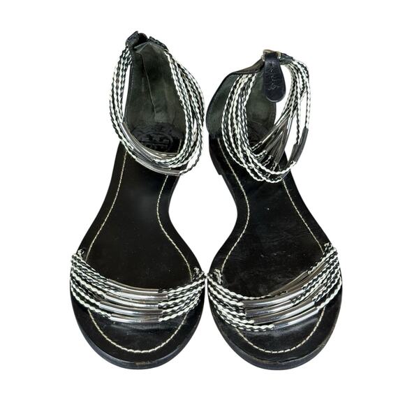 Tory Burch Annabelle Black White Twist Strap Sandals Size 7.5 Zip Back Flat - Picture 2 of 8